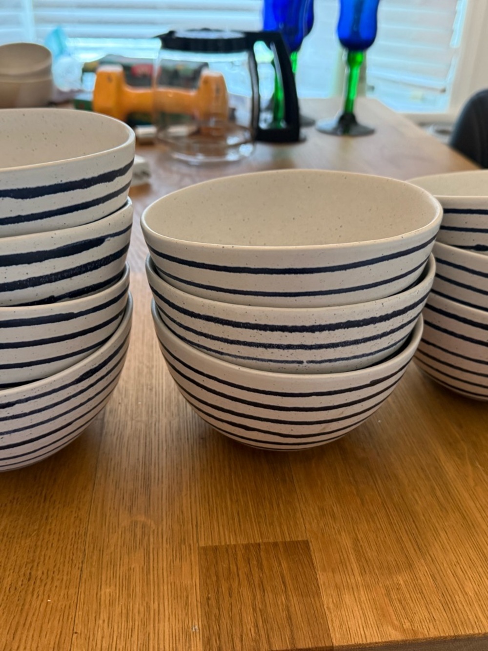 Crate&Barrel Speckled White Ceramic Bowls with Navy Stripes (Set)